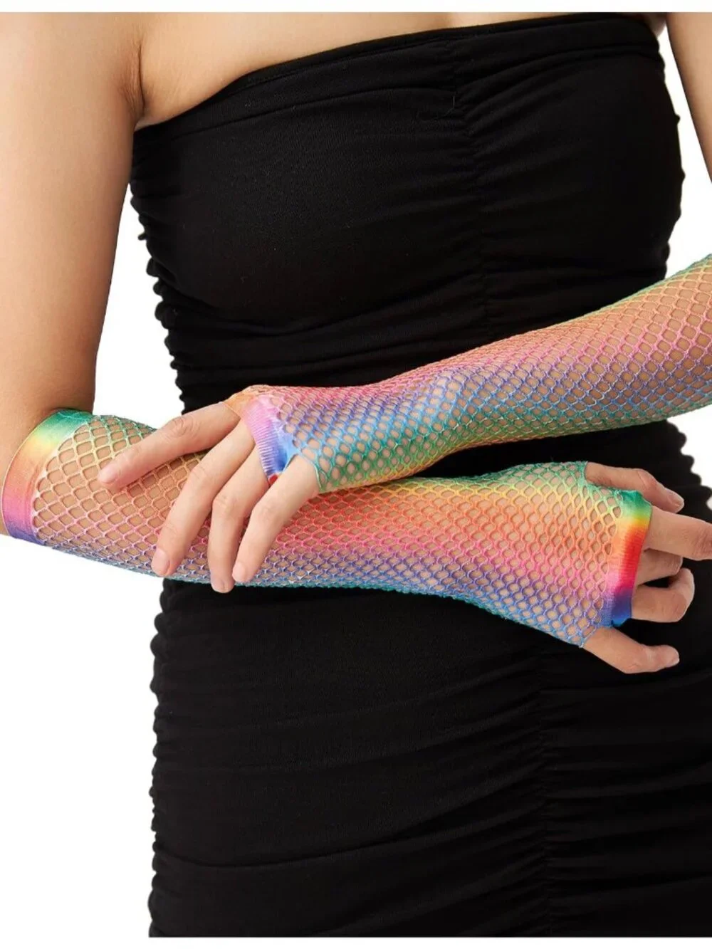 Women's Rainbow Fishnet Fingerless Gloves Gothic Punk Emo 80s Scene Arm Sleeves